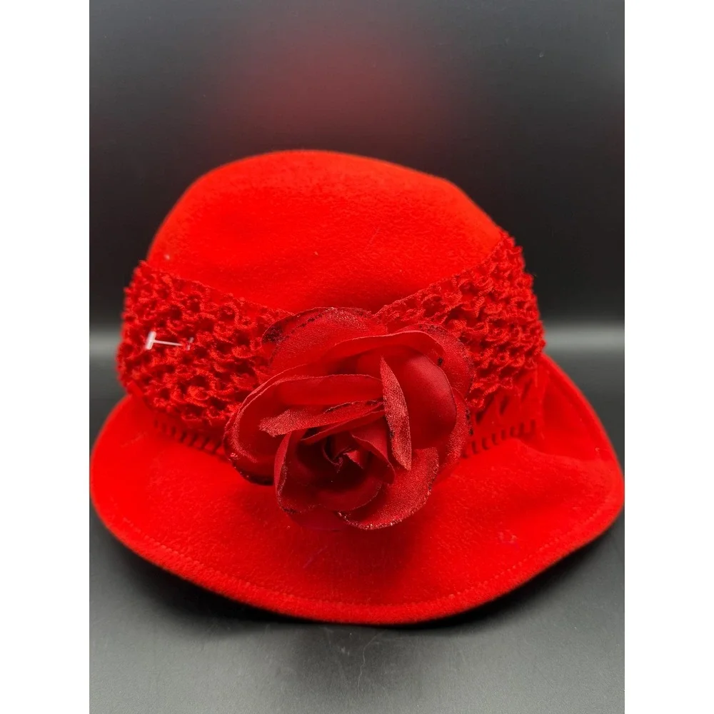 Vtg Jack McConnell Flair Red Wool Doeskin Felt Cloche Hat Lace Flower Church